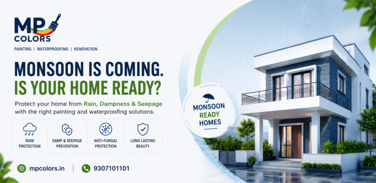 Monsoon home painting and waterproofing services in Pune by MP Colors to protect homes from rain, dampness, seepage, and wall damage.